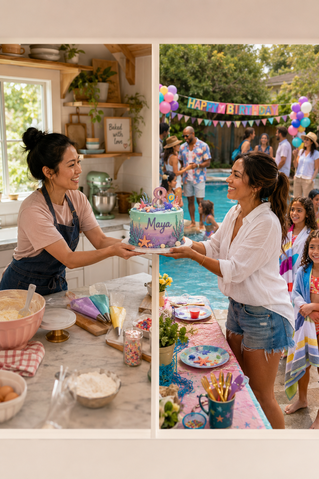 A local baker handing a detailed birthday cake to a mother at a pool party